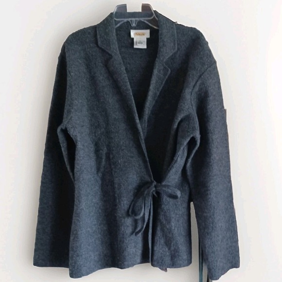 Talbots Cardigan 100% Wool Gray Sweater Tie Front Warm Comfort Business EUC - Picture 1 of 8